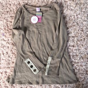 Tan sweater with lace and button sleeve detail